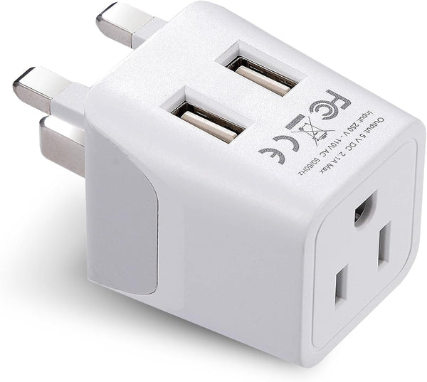 Ceptics UK Travel Adapter Plug - Type G with 2 USB + USA Socket Input - Ultra Compact & Safe Grounded for Cell Phones,