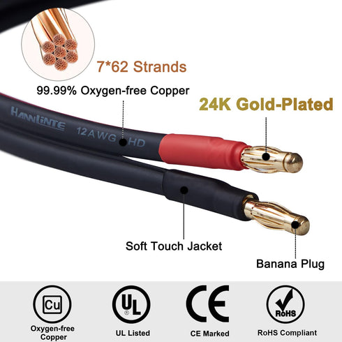 12 AWG HD Premium Soft Touch HiFi Speaker Cable (2 Pack, 3 Feet) with Banana Plugs for Bi-Wire Bi-Amp