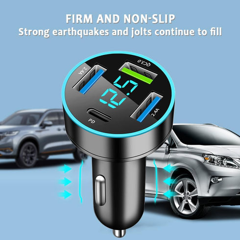 4 Ports Fast Car Charger, PD+QC3.0 Adapter with Upgrade Voltmeter Display for 12-24V Cigarette Lighter Plug
