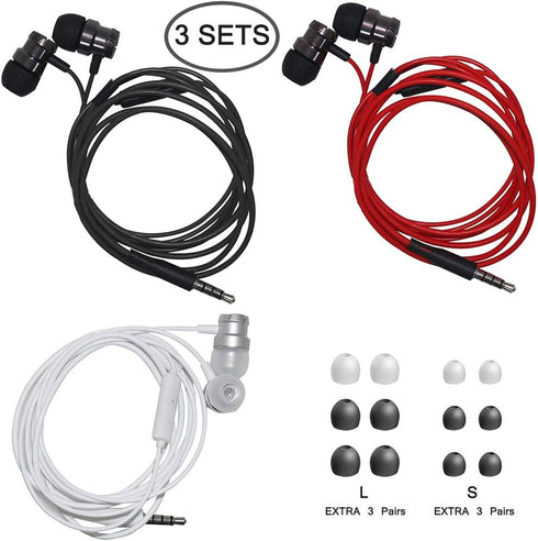3 Packs Earphone with Remote & Microphone, in Ear Stereo Sound Noise Isolating Tangle Free for Smartphones, Laptops, Gaming, Fits 3.5mm Interface Device