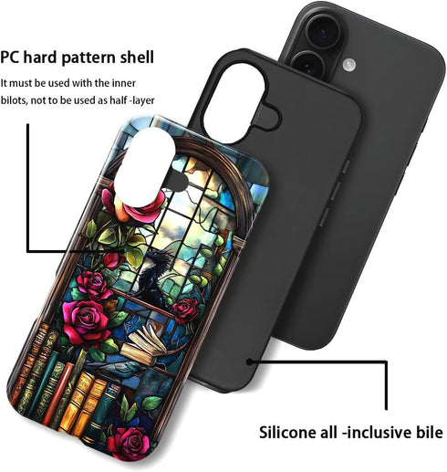 DAIZAG 17,Glossy Case Compatible with iPhone Durable Shock Protection Cover for Girl Women,Dinosaur Rose Bookshelf