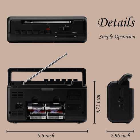 G Keni Cassette Casette Portable Player Boombox AM/FM Radio Stereo, Tape Player Recorder with Earphone Jack Battery