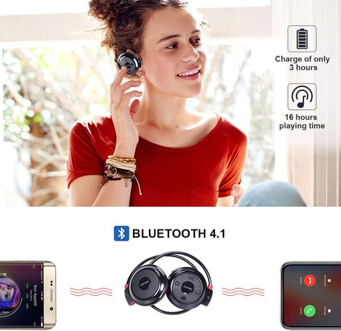 Cootree Wireless Headphone Sports Headset, Built-in Microphone, Bluetooth Behind The Head, Foldable, Black/Red
