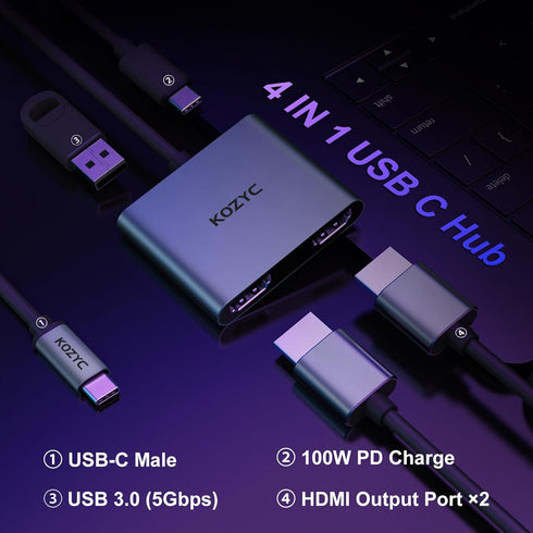 USB C to Dual HDMI Adapter 4K@30Hz, KOZYC USB C Hub Multiport Adapter with 2xHDMI, USB 3.0, 100W PD, Support USB C to