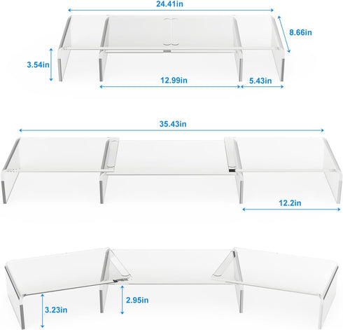 X-cosrack Acrylic Monitor Stand Riser, Dual Monitor Stand with Adjustable Length and Angle, 3 Shelf for Laptop, TV