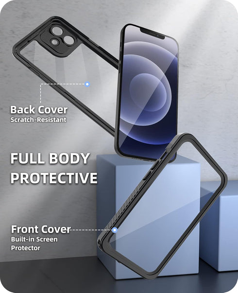 WIFORT Waterproof Case for iPhone 12, Certified Water Proof & Military Protection with Built-in Screen Protector (Black)
