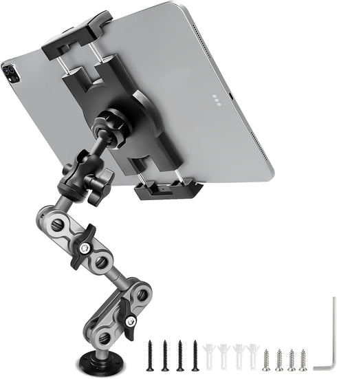 Aluminum Heavy Duty Drill Base Tablet Holder Car Mount, 14.2 Long 360 3-Stage Metal Stand for 4.7-12.9" iPad