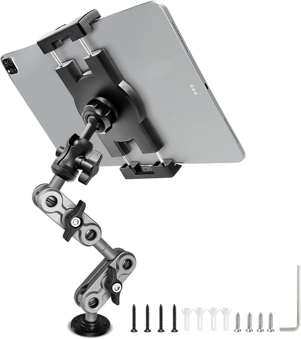 Aluminum Heavy Duty Drill Base Tablet Holder Car Mount, 14.2 Long 360 3-Stage Metal Stand for 4.7-12.9" iPad