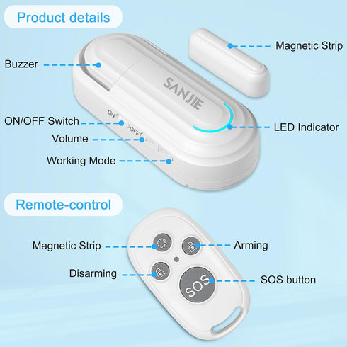 SanJie Door Alarm for Kids Safety with Remote, Door Open Alert Sensor for Home/Dementia Patients/Pool, 0-120 Db Volume