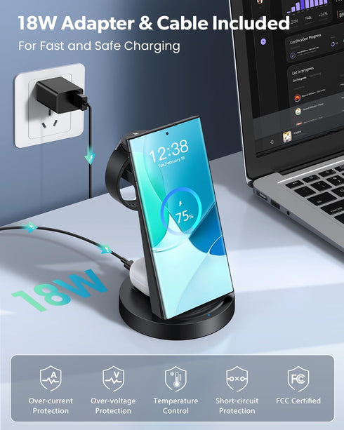 Wireless Charger for Samsung - 3 in 1 Charging Station for Galaxy Watch 7 6 5 4 3 Pro Classic, Galaxy Buds, S24 Ultra