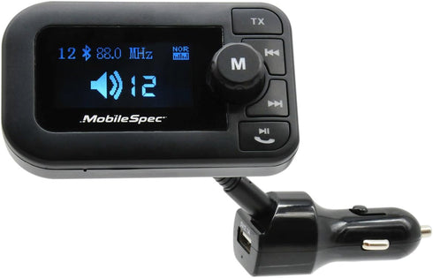 MobileSpec 12V Charger with 2.1A USB Port, FM Transmitter, Hands-Free Mic, and Large LED Display