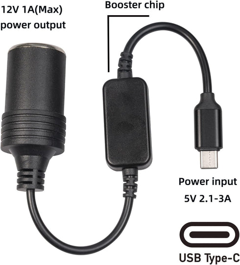 USB C Male to 12V Adapter, USB to Car Cigarette Lighter Socket Converter Cable for Car Driving Recorder, GPS, E-Dog and