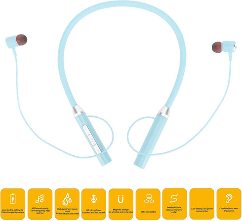 Neckband Headphones, Wireless Neckband Headset with Retractable Earbuds, Waterproof Workout Neckband Headphones Stereo Earphones (Blue)