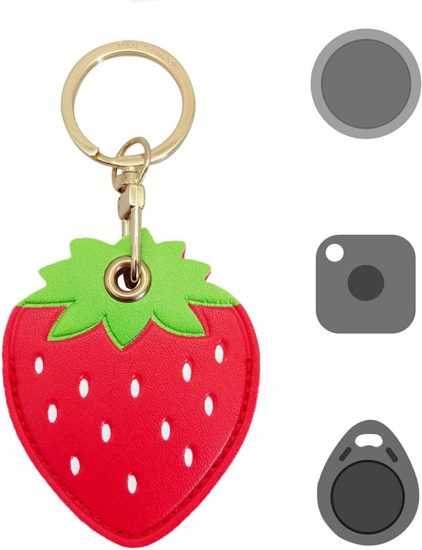Cute Leather Keychain Case for Apple AirTag, Tile Mate, Galaxy SmartTag, eufy SmartTrack Link (strawberry)