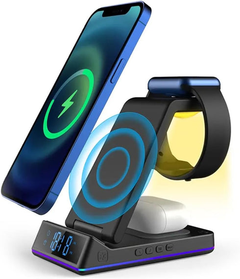 STC 5 in 1 Wireless Charger with Clock/Alarm and Night Light, 15W Qi Fast Charging Station Compatible with iPhone,