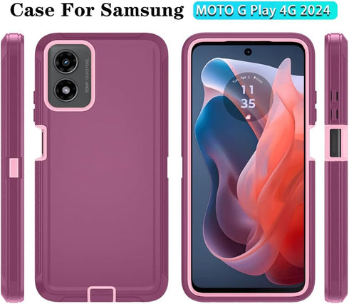 Qinmay Shockproof 3-Layer Case for Motorola Moto G Play 2024, with HD Screen Protector (Wine Red Pink)
