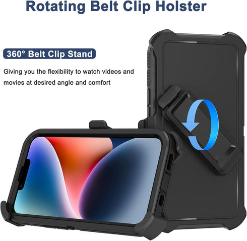 for iPhone 14 Case (6.1”) with Belt Clip Holster, 2X Screen Protector, Heavy Duty Military Grade Full Body Shockproof Dust-Proof Drop Proof Rugged Protective Cover for iPhone 14 (Black)