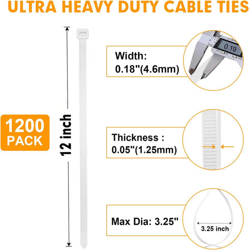 1200pcs 12 Inch, 50lb Zip Ties, RAZCC Cable Zip Ties Heavy Duty White Plastic Wire Ties with Tensile Strength