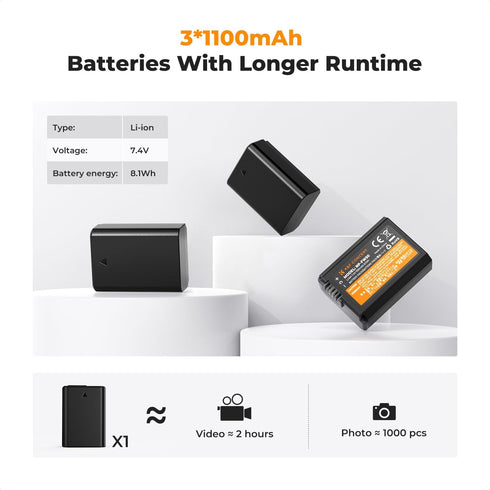 K&F Concept 3-Pack NP-FW50 Battery and 3-Slot Charger for Sony Alpha A6400 A6000 A6300 A6500 A5000
