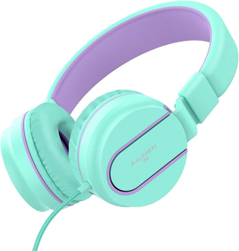 AILIHEN I35 Kids Headphones On-Ear for School, 93dB, 3.5mm Wired Mic for Chromebook, Laptop, Green/Purple