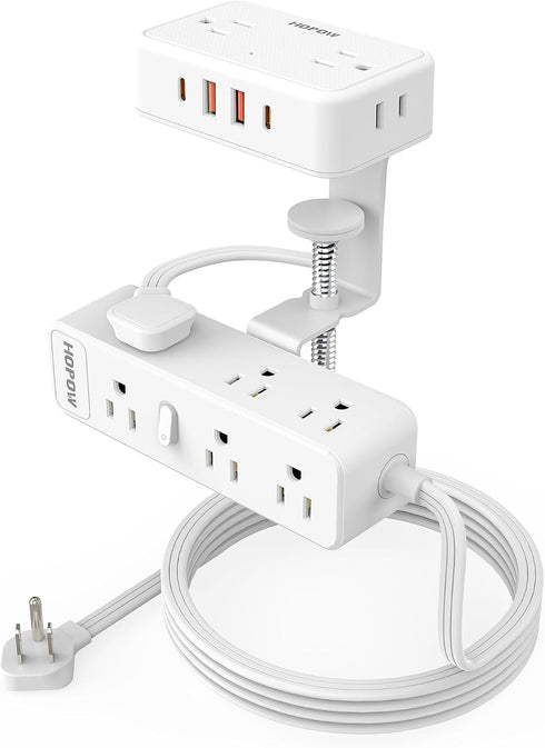 HOPOW Dual Layer Desk Clamp Power StripWhite, Desktop Edge Mount Charging Station with