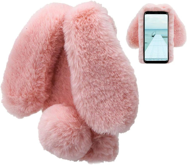 Rabbit Case for Samsung Galaxy S9 Plus, Cute 3D Bunny Ears Soft Furry Hairball TPU Bumper Cover for Women, Pink