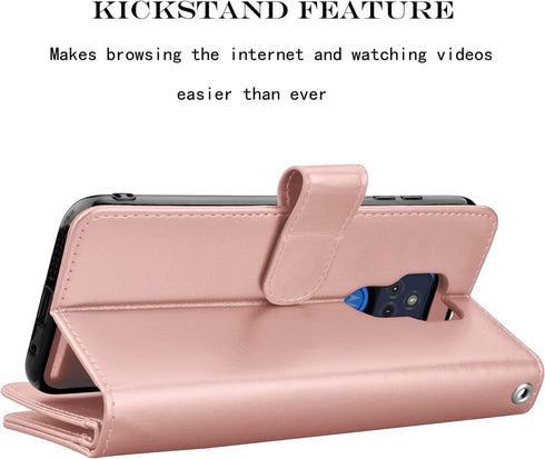 Njjex Wallet Case for Moto G Play 2021, PU Leather Folio Flip with 9 Card Slots, Detachable Kickstand & Lanyard (Rose