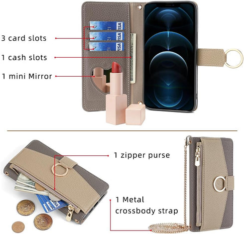 Asuwish Phone Case for iPhone 12 Pro iPhone12 6.1 Wallet Cover with Screen Protector and Mirror Flip Cover Ring Card Holder Crossbody Strap Stand Cell iPhone12pro 5G i 12s 12pro Women Girls Gray