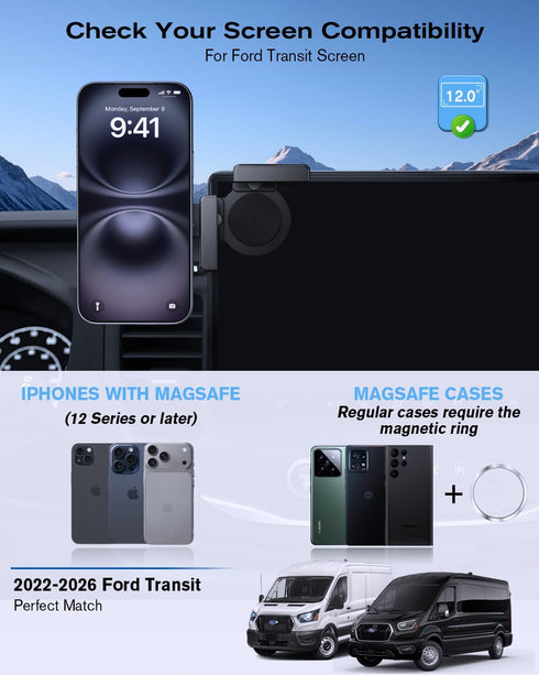 WEIPIN 360 2022-2026 12 Inch, Adjustable Magnetic Phone Holder for Ford Transit Screen-Friendly for MagSafe Magnetic
