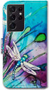 Cute Dragonfly Leather Flip Phone Case Wallet for Galaxy S21 Ultra 5G with Card Slot Holder and Kickstand