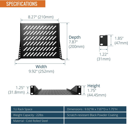 Tecmojo 1U 10" 7.87" Rack Mount Shelf for Server Rack, Deep Vented Cantilever Tray, Metal Shelf for Network Cabinet
