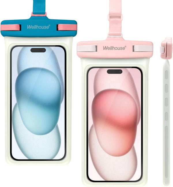 Wellhouse Waterproof Phone Pouch, Compatible with iPhone 15 14 13 12 Pro Max XS, IPX8 Dry Bag, Luminous Blue Pink 2Pack