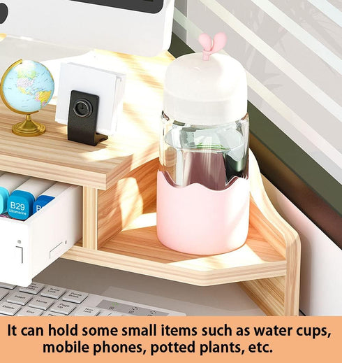 Triangle Monitor Stand Riser, Desktop Corner Shelf with Drawers, Wooden Computer Stand with Storage for Office
