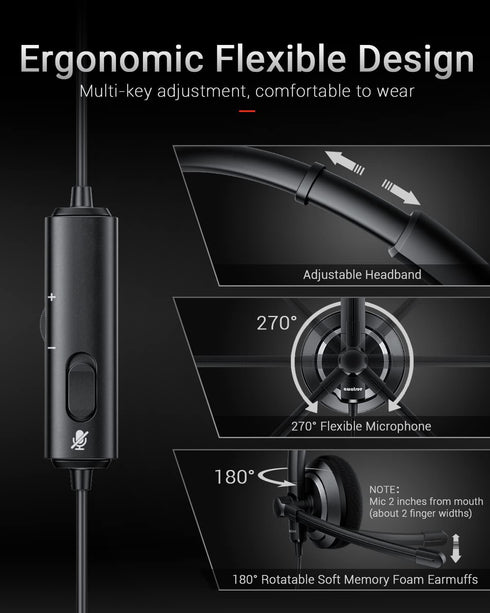 Wired Headset with Microphone for PC & Laptop - Noise Cancelling On-Ear Headphones with 3.5mm Jack, In-line Control
