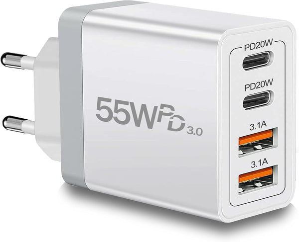 USB C European Charger 55W, 4-Port Fast Charger Type C Wall Adapter, Travel Plug Adapter for iPhone 15 14 13 12 11 Pro