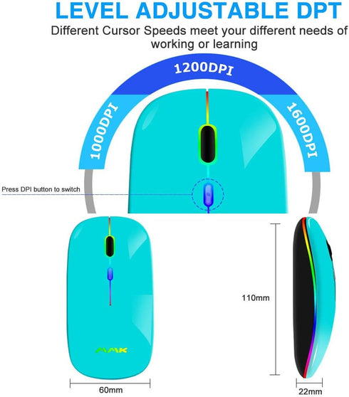 Wireless Bluetooth Mouse for Laptop, Rechargeable 2.4G USB Optical Mouse, LED Slim Dual Mode (Bluetooth 5.0 and 2.4G)
