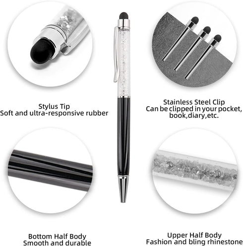 YOUMI 3 pcs 2 in 1 Bling Ballpoint Pens, Crystal Diamond Pen Capacitive Touch Screen Stylus for iPhone iPad (Black)