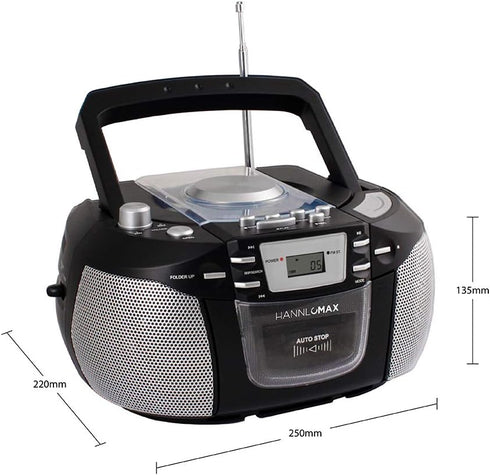 HANNLOMAX HX-301CD CD/MP3 Cassette Boombox, AM/FM Radio, Recorder, Records from CD or Radio, Headphone Jack, LCD