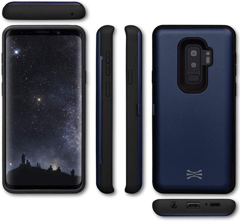 TORU CX PRO Case for Galaxy S9 Plus, Slim Shockproof Cover with Card Holder, Kickstand, Mirror, USB Adapter - Blue