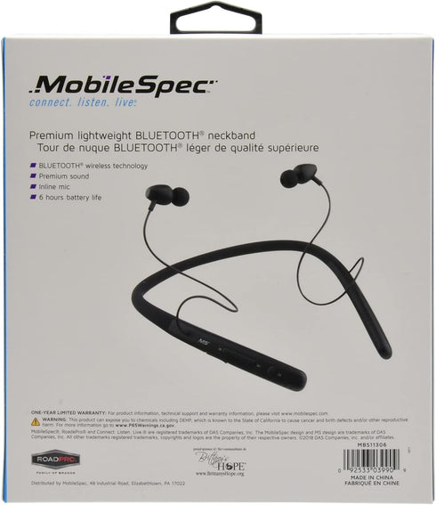 MobileSpec MBS11306 Premium Bluetooth Neckband, Lightweight - Black