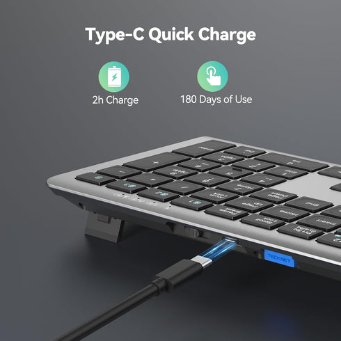 TECKNET 4-Device (2.4G+BT), 12 Bluetooth Keyboard Rechargeable, Free Switching Ultra-Slim Full Size Wireless Keyboard