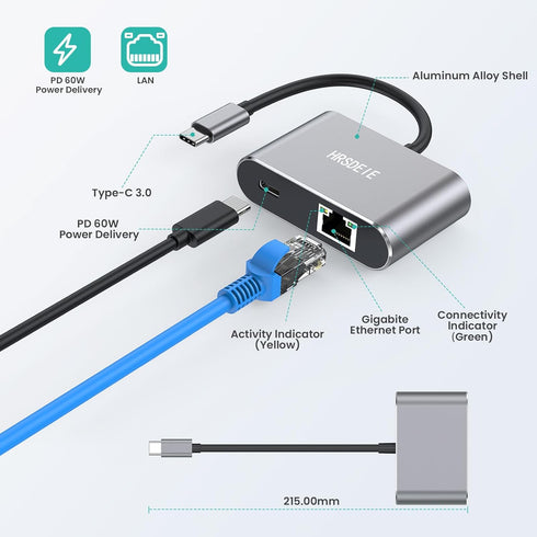 USB C Gigabit Ethernet Adapter with 60W Charging Port, 1000 Mbps Ethernet to Type C for MacBook Pro, iPad Air