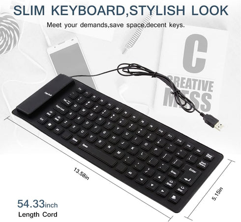Foldable Silicone Keyboard, USB Waterproof Travel Gaming Wired Keyboard, Full Size Compatible with Windows, PC, Mac