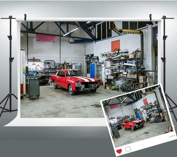Garage Car Repair Backdrop 7x5ft, Indoor Fix Garage Equipment Tools Workshop Background for Photography
