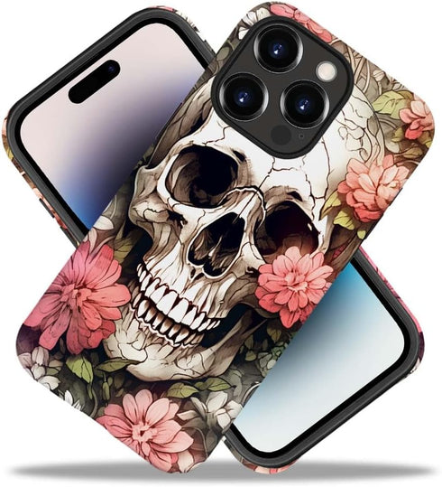 Compatible with iPhone 14 Pro Case, Skull Red Flowers Pattern Print Phone Case, Durable Fashion Funny Liquid Silicone