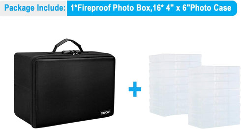ENGPOW Fireproof Photo Storage Box with 16 Inner Photo Cases - Collapsible Portable Organizer with Lock and Handle