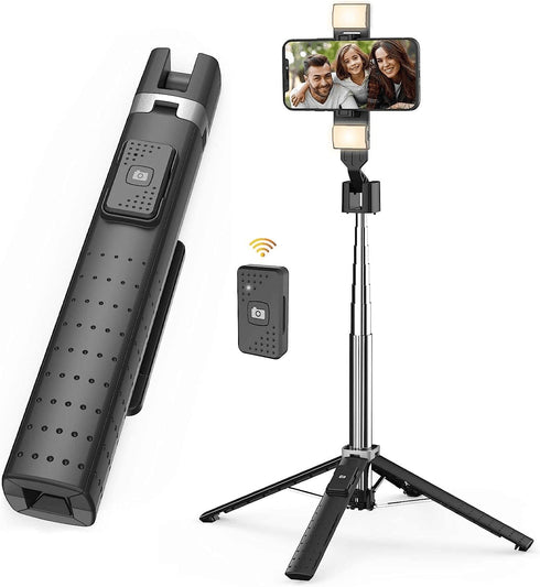 41” Selfie Stick Tripod Quadrapod with 2 Rechargeable Fill Light, Extendable Tripod with Bluetooth Remote for All