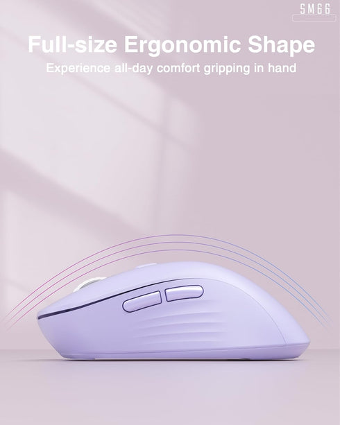 SM66 Purple Wireless Mouse for Laptop - Silent Dual Mode, Adjustable 4800 DPI, Rechargeable Bluetooth & Wireless