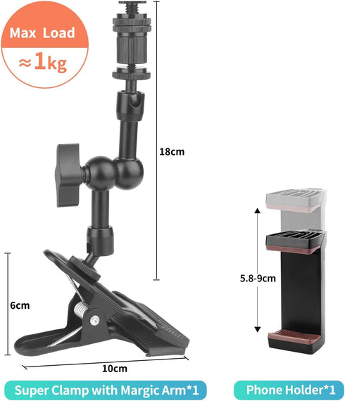 Super Clamp Camera Clamp Mount, 5.5 Inches Magic Arm with 1/4" Thread, Articulating Arm with Clamp, Tripod Camera Mount