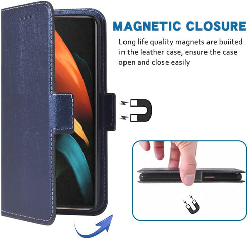 Samsung Galaxy Z Fold 2 5G 2020 Wallet Case, Blue, Leather Flip Card Holder, Wrist Strap Lanyard, Cell Accessories for